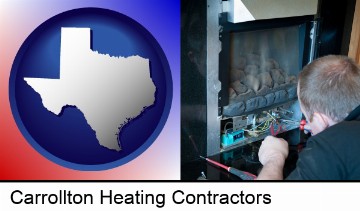 a heating contractor servicing a gas fireplace in Carrollton, TX