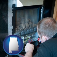 a heating contractor servicing a gas fireplace - with AL icon