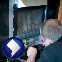 washington-dc map icon and a heating contractor servicing a gas fireplace