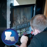 louisiana map icon and a heating contractor servicing a gas fireplace