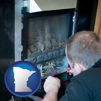 minnesota map icon and a heating contractor servicing a gas fireplace