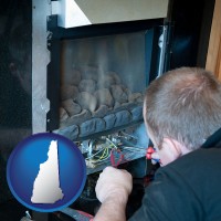 new-hampshire map icon and a heating contractor servicing a gas fireplace