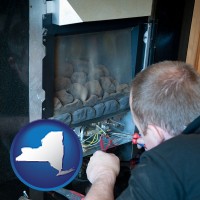 new-york map icon and a heating contractor servicing a gas fireplace
