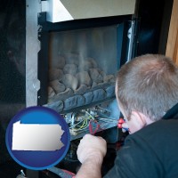 pennsylvania map icon and a heating contractor servicing a gas fireplace