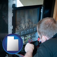 utah map icon and a heating contractor servicing a gas fireplace
