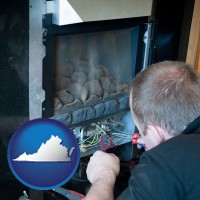 virginia map icon and a heating contractor servicing a gas fireplace