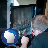 wisconsin map icon and a heating contractor servicing a gas fireplace