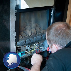 a heating contractor servicing a gas fireplace - with Alaska icon