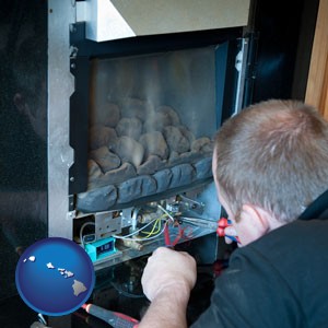 a heating contractor servicing a gas fireplace - with Hawaii icon