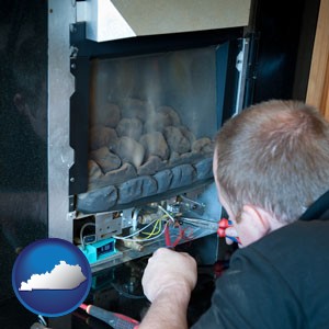 a heating contractor servicing a gas fireplace - with Kentucky icon