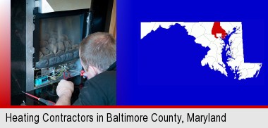 a heating contractor servicing a gas fireplace; Baltimore County highlighted in red on a map