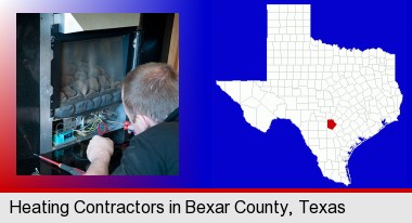 a heating contractor servicing a gas fireplace; Bexar County highlighted in red on a map