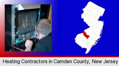 a heating contractor servicing a gas fireplace; Camden County highlighted in red on a map