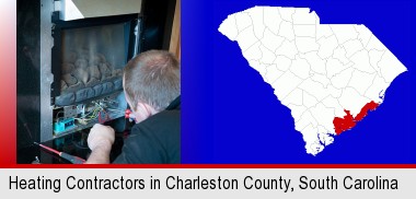 a heating contractor servicing a gas fireplace; Charleston County highlighted in red on a map