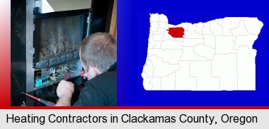 a heating contractor servicing a gas fireplace; Clackamas County highlighted in red on a map
