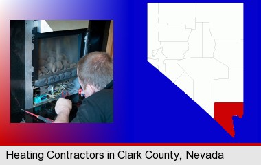 a heating contractor servicing a gas fireplace; Clark County highlighted in red on a map