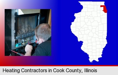 a heating contractor servicing a gas fireplace; Cook County highlighted in red on a map