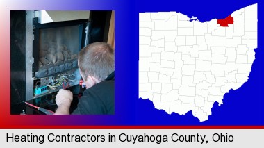 a heating contractor servicing a gas fireplace; Cuyahoga County highlighted in red on a map