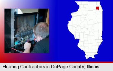 a heating contractor servicing a gas fireplace; DuPage County highlighted in red on a map