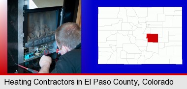 a heating contractor servicing a gas fireplace; Elbert County highlighted in red on a map