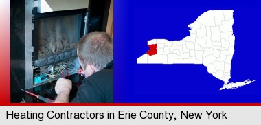 a heating contractor servicing a gas fireplace; Erie County highlighted in red on a map
