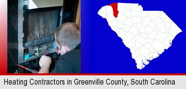 a heating contractor servicing a gas fireplace; Greenville County highlighted in red on a map