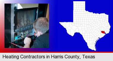 a heating contractor servicing a gas fireplace; Harris County highlighted in red on a map