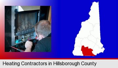 a heating contractor servicing a gas fireplace; Hillsborough County highlighted in red on a map