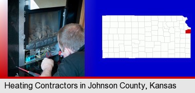 a heating contractor servicing a gas fireplace; Johnson County highlighted in red on a map