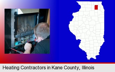 a heating contractor servicing a gas fireplace; Kane County highlighted in red on a map