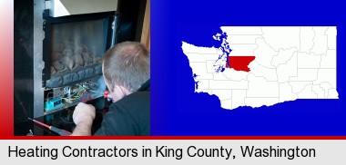 a heating contractor servicing a gas fireplace; King County highlighted in red on a map