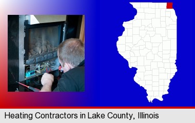 a heating contractor servicing a gas fireplace; LaSalle County highlighted in red on a map