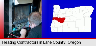 a heating contractor servicing a gas fireplace; Lane County highlighted in red on a map