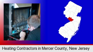 a heating contractor servicing a gas fireplace; Mercer County highlighted in red on a map