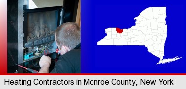 a heating contractor servicing a gas fireplace; Monroe County highlighted in red on a map