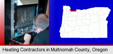 a heating contractor servicing a gas fireplace; Multnomah County highlighted in red on a map