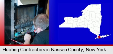 a heating contractor servicing a gas fireplace; Nassau County highlighted in red on a map