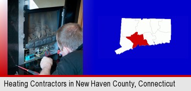a heating contractor servicing a gas fireplace; New Haven County highlighted in red on a map