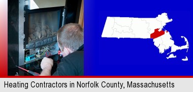 a heating contractor servicing a gas fireplace; Norfolk County highlighted in red on a map