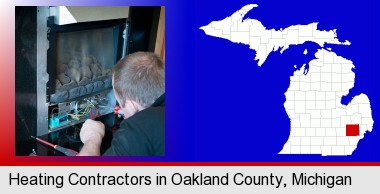 a heating contractor servicing a gas fireplace; Oakland County highlighted in red on a map