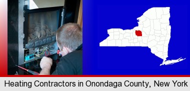 a heating contractor servicing a gas fireplace; Onondaga County highlighted in red on a map