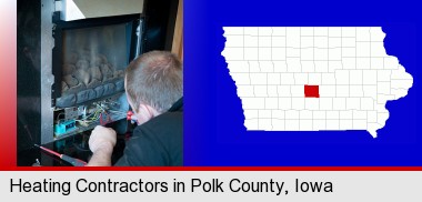 a heating contractor servicing a gas fireplace; Polk County highlighted in red on a map