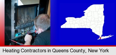 a heating contractor servicing a gas fireplace; Queens County highlighted in red on a map