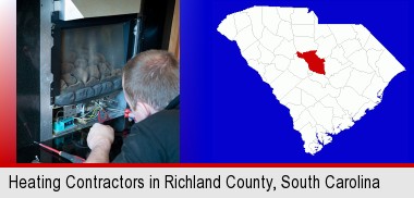 a heating contractor servicing a gas fireplace; Richland County highlighted in red on a map