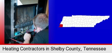 a heating contractor servicing a gas fireplace; Shelby County highlighted in red on a map
