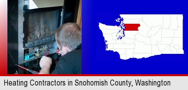 a heating contractor servicing a gas fireplace; Snohomish County highlighted in red on a map