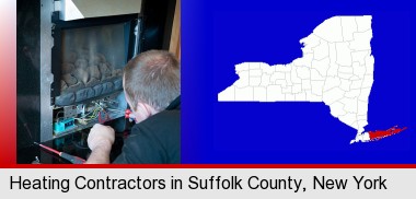 a heating contractor servicing a gas fireplace; Suffolk County highlighted in red on a map