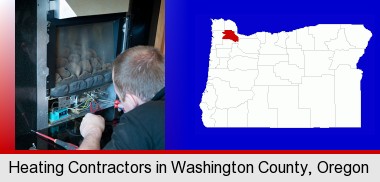a heating contractor servicing a gas fireplace; Washington County highlighted in red on a map