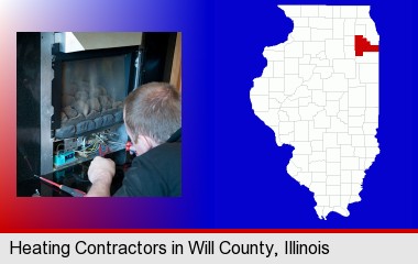 a heating contractor servicing a gas fireplace; Will County highlighted in red on a map
