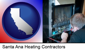 a heating contractor servicing a gas fireplace in Santa Ana, CA